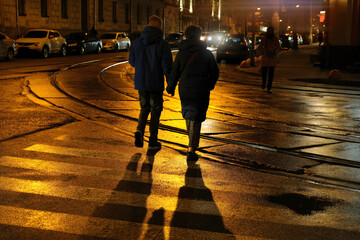 People walking along the pedestrian crossing, night city streets. Nightlife, lifestyle