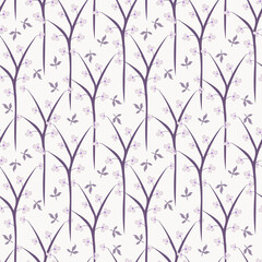 Simple floral seamless pattern. Vector print texture with small flowers, leaves, branches, trees. Elegant botanical composition. Background in purple and white tones. Repeat design for decor, print