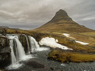 Iceland landscape, Kirkjufell mountain, road trip in winter.