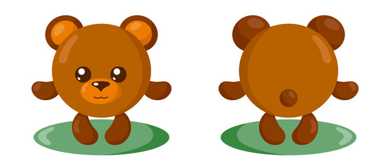 Funny cute kawaii bear with round body in flat design with shadows, front and back. Isolated animal vector illustration	