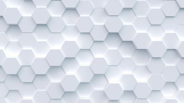 Mosaic surface with moving white hex shapes. Abstract geometric background. 4K loop animation.