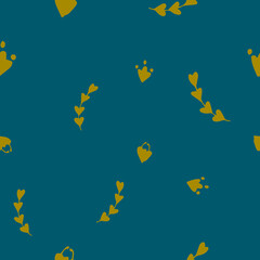 Line drawn doodle yellow leaves and hearts on bright aquamarine background. Seamless summer cute pattern. Good for packaging