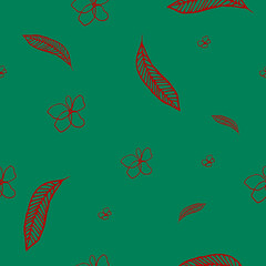 Line drawn doodle bordo leaves on bright aquamarine background. Seamless summer cute pattern. Good for packaging