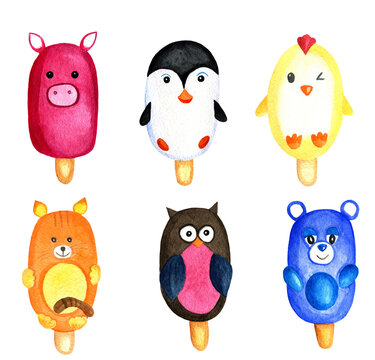 Watercolor illustration.Children's ice cream on a stick with the image of animals