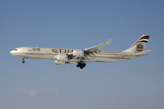 FRANKFURT AM MAIN, GERMANY - MARCH 15, 2013: Etihad Airways Airbus A340-500 with registration A6-EHA on short final for runway 25L of Frankfurt Airport.