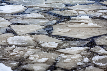 Drifting ice floes. Melting ice, many large and small ice floes on the water surface © Simon
