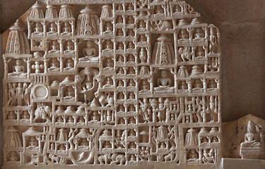 Stone relief in famous ancient Ranakpur Jain temple near Udaipur in Rajasthan, India. Chaturmukha temple is a 15th-century temple dedicated to Adinatha.