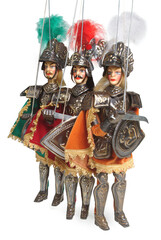 Pupi, Traditional Sicilian UNESCO Puppets "Opera dei Pupi" – Matter of France or Carolingian Cycle Characters: Rinaldo (Green), Orlando (Red), Bradamante (White) – Isolated on White Background