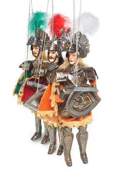 Pupi, Traditional Sicilian UNESCO Puppets "Opera dei Pupi" &ndash; Matter of France or Carolingian Cycle Characters: Rinaldo (Green), Orlando (Red), Bradamante (White) &ndash; Isolated on White Background