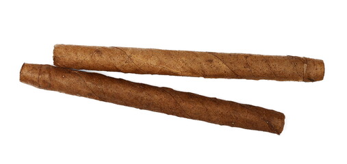 Luxury handmade cigars isolated on white background, top view