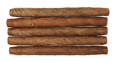 Luxury handmade cigars isolated on white background, top view