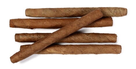 Luxury handmade cigars isolated on white background, top view