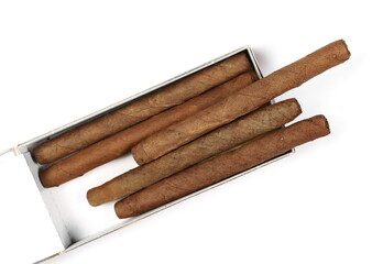 Luxury handmade cigars isolated on white background, top view