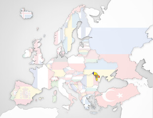 3D Europakarte auf der Moldawien hervorgehoben wird und die restlichen Flaggen transparent sind