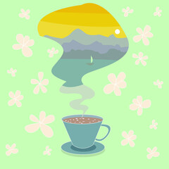 Vector illustration of a cup of coffee  fantasy . In 
hot haze steam sunset, sea and mountains. Flower background. 