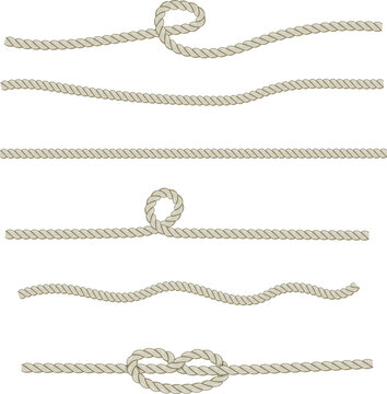 Set of different knots and loops on ropes on white, nautical collection vector illustration