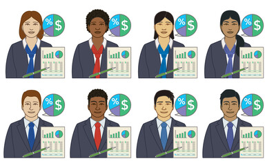diversity, race, ethnicity of business financial advisor vector icons, male and female, with financial plan, isolated on a white background