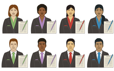 diversity, race, ethnicity of business lawyer vector icons, male and female, with contract and pen, isolated on a white background
