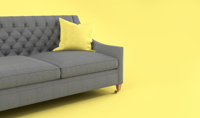 Modern scandinavian classic gray sofa with yellow, gray pillow on wooden legs on yellow background. Pantone color of year 2021. Illuminating and Ultimate gray. Furniture, interior object, Fabric sofa