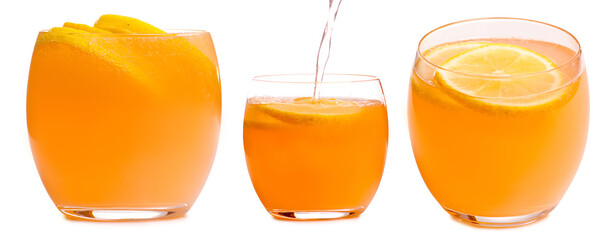 Set collage glass of lemonade orange on white background isolation