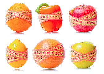 set collage fruit vegetable with measuring tape on white background isolation