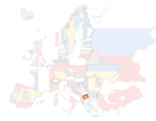 3D Europakarte auf der Nordmazedonien hervorgehoben wird und die restlichen Flaggen transparent sind
