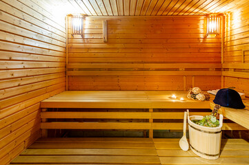 Interior of classic wooden Finnish sauna