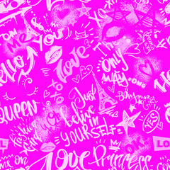 Abstract seamless calligraphic pattern. Monochrome pink lettering repeat print for fashion textile, clothes, wrapping paper. 