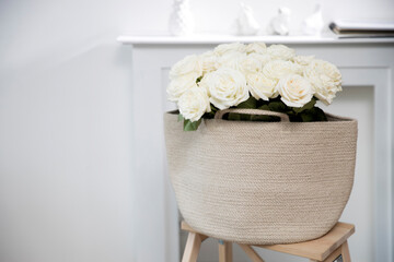 Rose Playa Blanca is on the wicker bag on the wooden chair next to the fireplace.