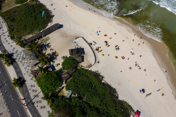 Kiosk at Praia da Barra da Tijuca, Recreio and Grumari in Rio de Janeiro, Brazil. Aerial View from Drone; Amazon rainforest in Rio