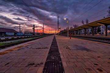 Plakat railway at sunset