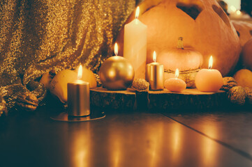 Decorative pumpkins and candles. Concept for Valentine's Day.