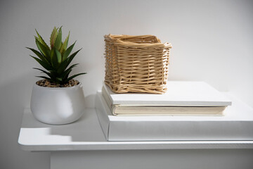 Artificial aloe in a ceramic pot, a wicker basket on a stack of white books on the mantelpiece.