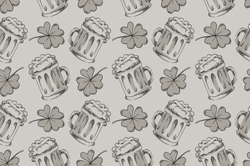 Happy Saint Patrick Day beer mug and luck clover seamless pattern