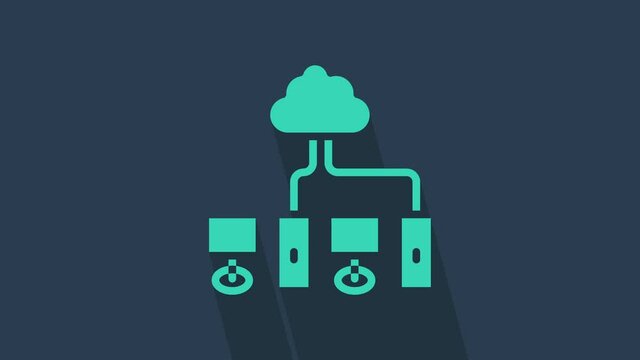 Turquoise Computer network icon isolated on blue background. Laptop network. Internet connection. 4K Video motion graphic animation.