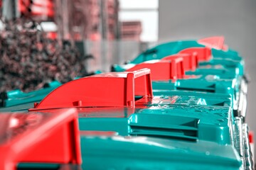 Naklejka premium garbage containers on city streets . garbage recycling background