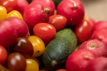Green cucumbers, ripe radishes and colorful tomatoes scattered on the table. Close-up, selective focus.