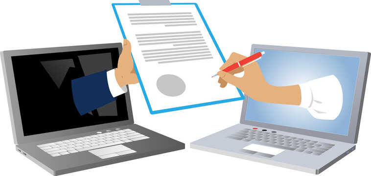 Woman hand coming out of a laptop screen and signing a document that is presented from another computer as a metaphor for electronic signature, EPS 8 vector illustration