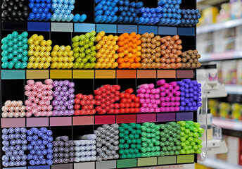 Background of different colors pens on store shelves. Art store, workshop, stationery.