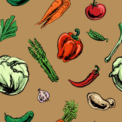 Seamless pattern with hand-drawn charcoal vegetables. Design of restaurants, grocery store. Vintage background.