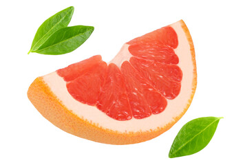 Grapefruit with slice and leaves isolated on white background