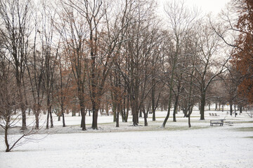 Snowing day on Prague. People walk on Park Letna while tram travel through the city, close to Hradcanska in Prague 6