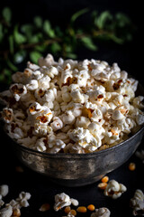 Prepared popcorn in frying pan, corn seeds in bowl and corncobs on dark background.