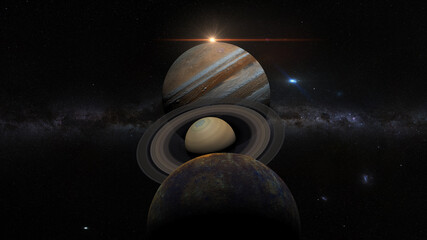 Planetary alignment,mercury meets saturn and jupiter in the evening sky, rare conjunction between mercury, jupiter and saturn , planetary parade  3d rendering illustration © SN
