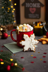 Christmas gingerbread. Cup with  marshmallow and gingerbread cookies for christmas holiday. Holiday concept. Copy space. Christmas pastry. Festive bakery.