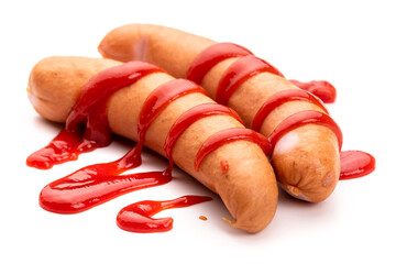 Two sausages with ketchup on a white background