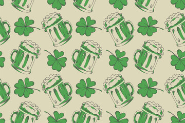 Happy Saint Patrick Day beer mug and luck clover seamless pattern