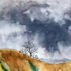 Watercolor illustration of a lifeless landscape with dark stormy clouds and dry trees