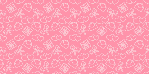 Valentines day pattern. Love holiday vector texture. Festive seamless pink background with valentine's day icons. Wrapping paper ornament. Hearts, gifts and bows in fabric repeatable design