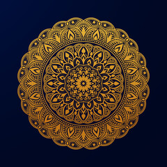 Golden mandala on dark blue background, vector  can be used for cards, invitations, banners, posters, print design.